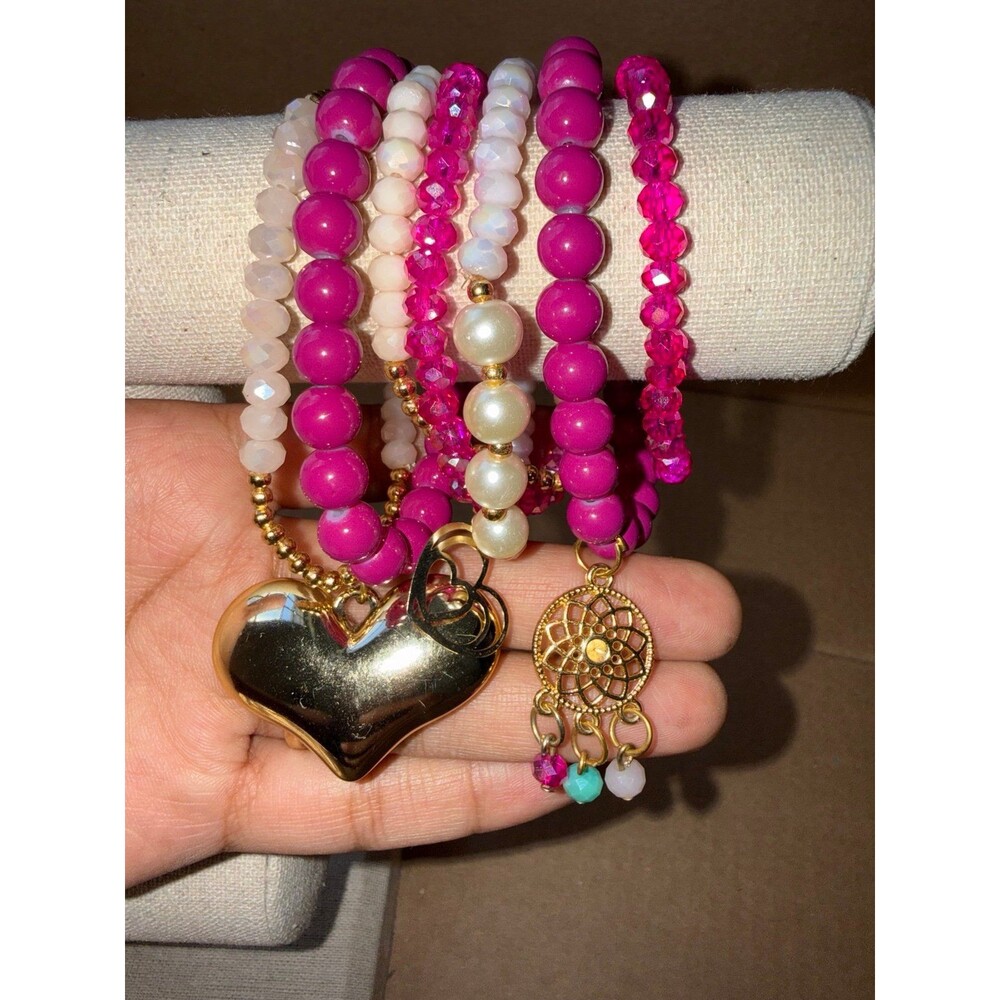 Barbiecore Magenta Pink Beaded Bracelet Stack charms set of 7